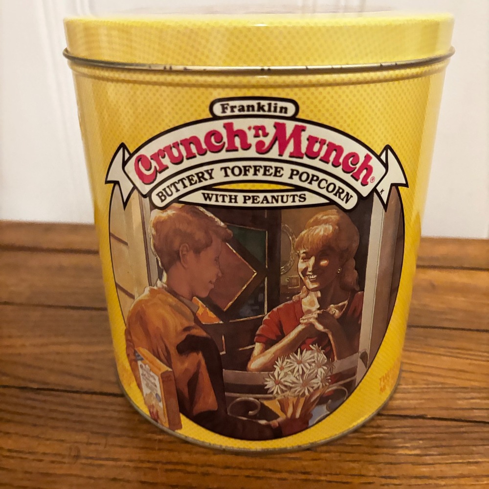 Vintage 1989 Franklin Crunch 'n Munch Buttery Toffee Popcorn Tin Yellow Collect